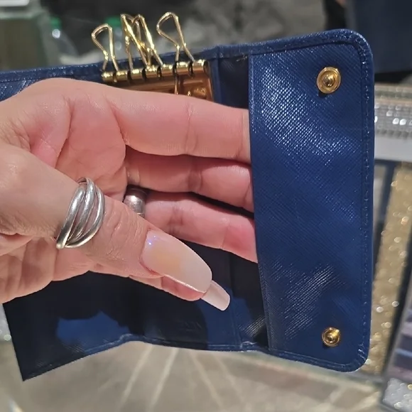 Prada Dark Blue Card And Key Holder Rare Size EUC AUTHENTIC
